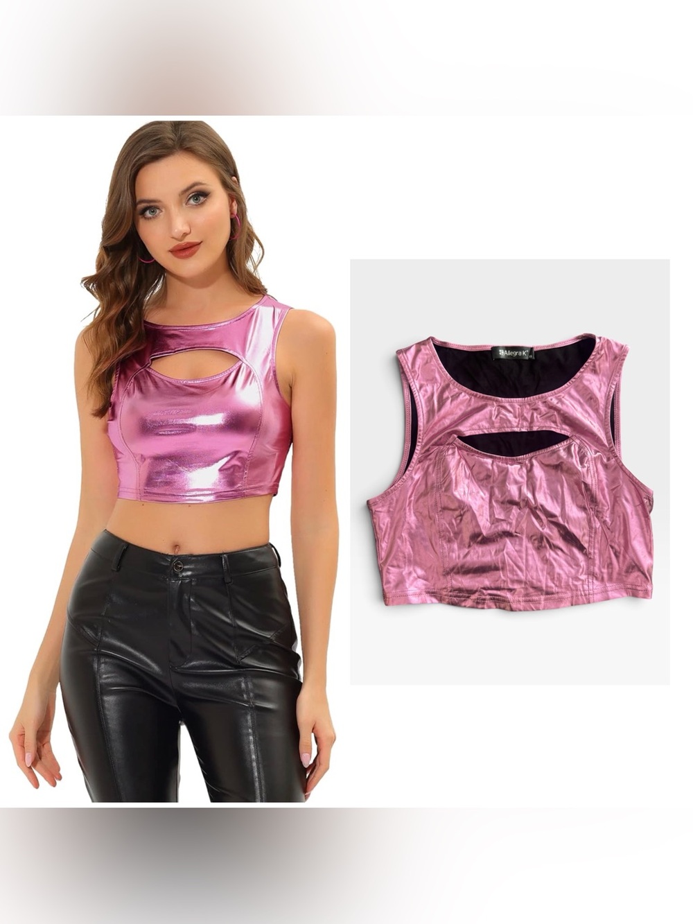 Allegra K Metallic Rose Pink Cutout Crop Tank